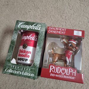 2 Ornaments Rudolph the Red Nosed Reindeer and Campbells Soup